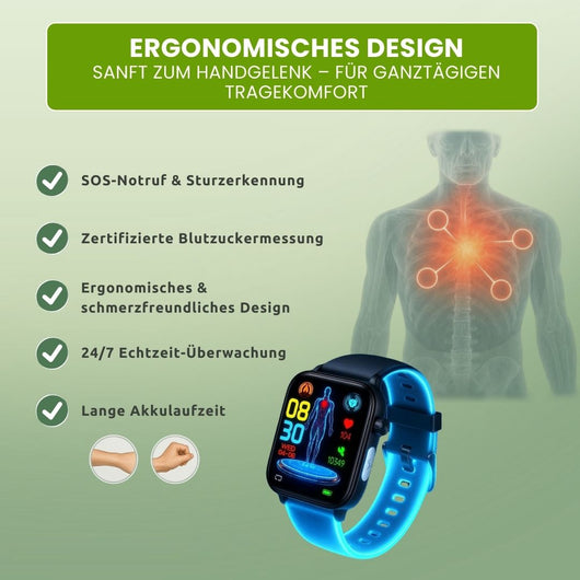 GlucoCare SOS – Smartwatch zur Unterstützung bei Schmerzen mit SOS & Sturzerkennung (2026)