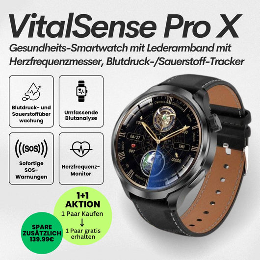 VitalSense Pro X - Gesundheits-Smartwatch mit Lederarmband (2026) - Sonderaktion 1+1 Gratis