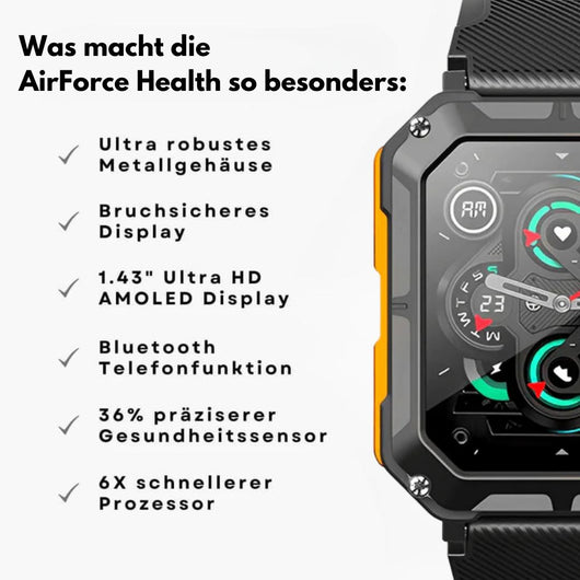 AirForce Health K52 - die unzerstörbare Smartwatch mit Echtzeit Herzfrequenzmesser, Blutdruck-/Sauerstoff-Tracker